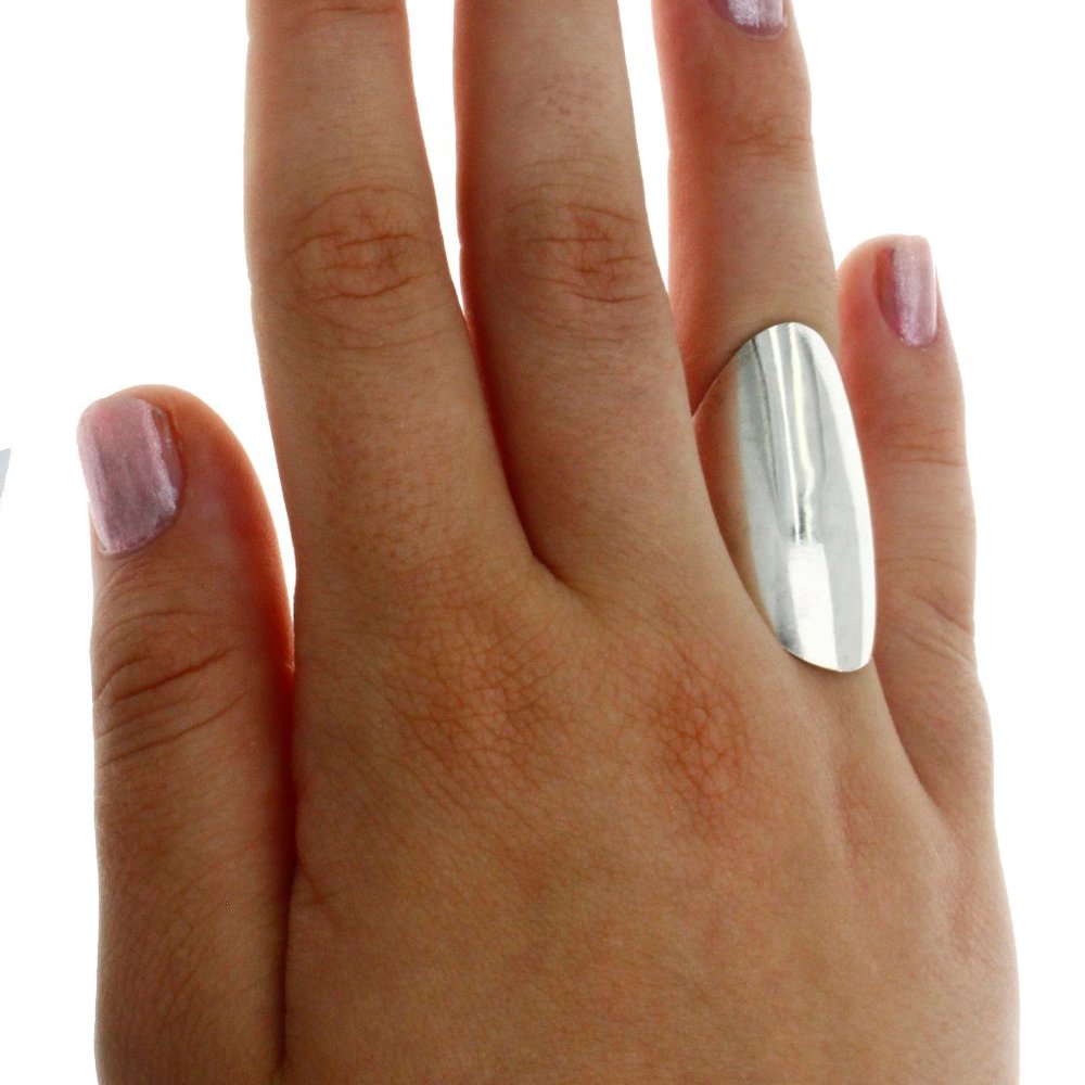 Long Statement Full Finger Curved Silver Ring